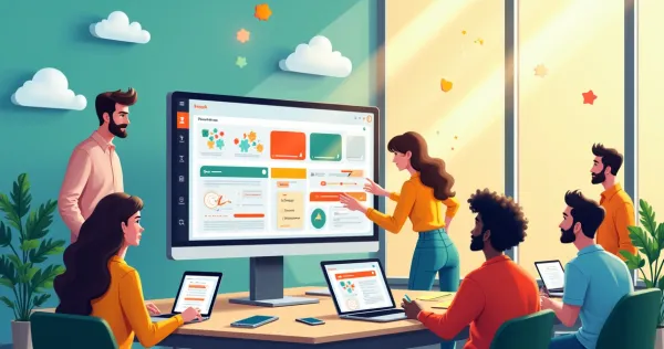 Equipe diversa trabalhando juntos em um espaço vibrante, criando um aplicativo usando Bubble.