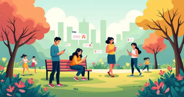 Usuários de smartphones interagindo com um aplicativo em um parque urbano vibrante.