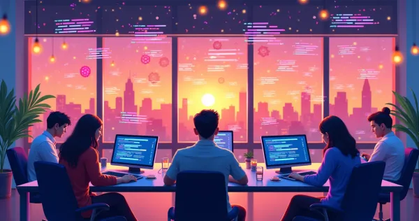 Ilustração mostrando desenvolvedores colaborando em ambiente vibrante, código pairando no ar.