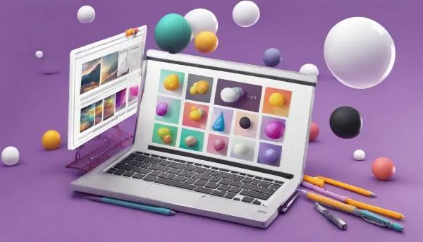 Imagem de um notebook com um aplicativo web desenvolvido com Bubble.io, cercado por ícones de diferentes tipos de aplicativos